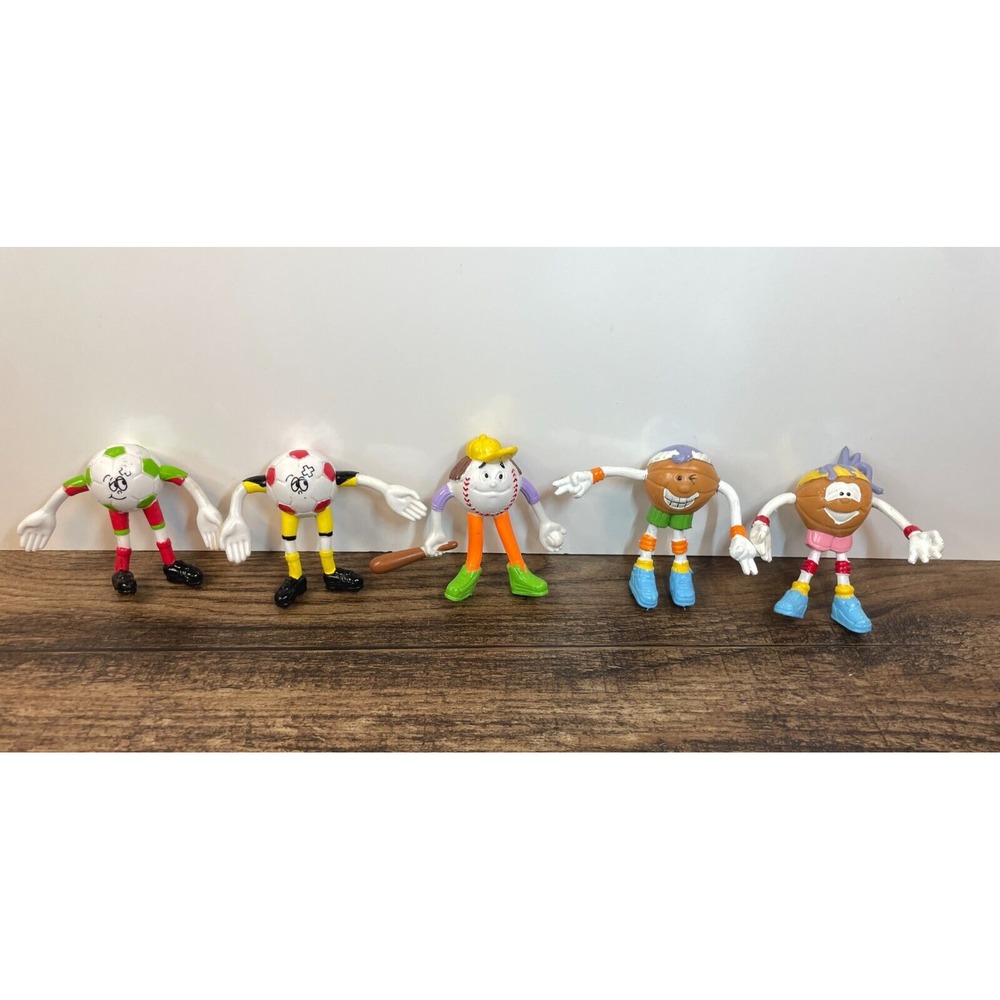 Vintage Lot of 5 Bendable 2" Sports Ball Figures Soccer Baseball Basketball